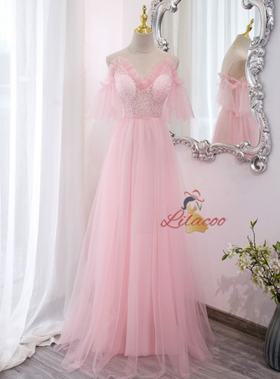 Blue Tulle Spaghetti Straps Beading Prom Dress