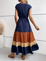 Color Matching Pleated V-neck Lapel Dress