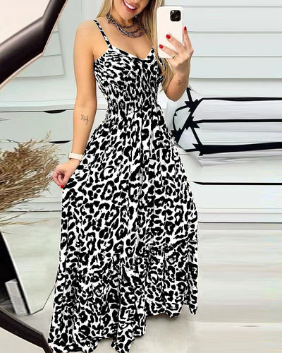 Fashion Leopard Print Suspender Backless Dress