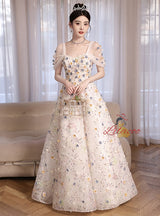 White Tulle Sequins Flower Off the Shoulder Prom Dress