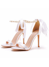 Ribbon Satin Beaded High-heeled Sandals