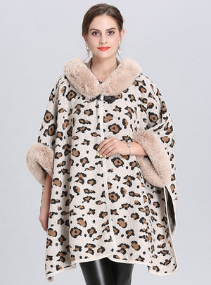 Loose Leopard Print Hooded Knitted Cloak Shawl Coat