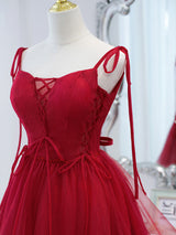 Burgundy Tulle Lace Beading Homecoming Dress
