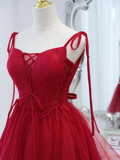 Burgundy Tulle Lace Beading Homecoming Dress