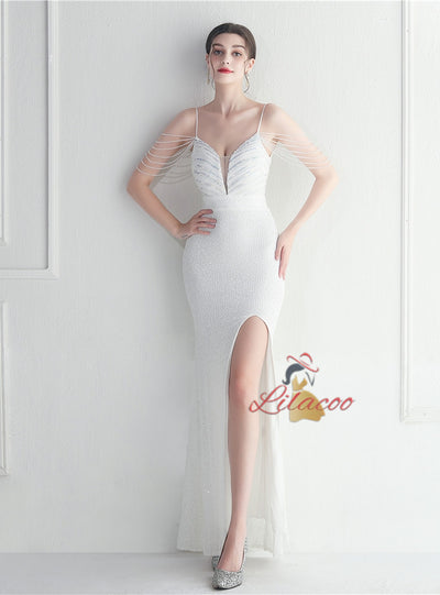 Spaghetti Straps Sequins Beading Prom Dress