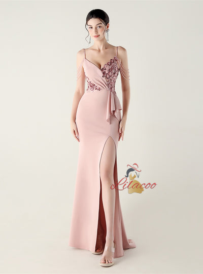 Mermaid Spaghetti Straps Beading Split Prom Dress
