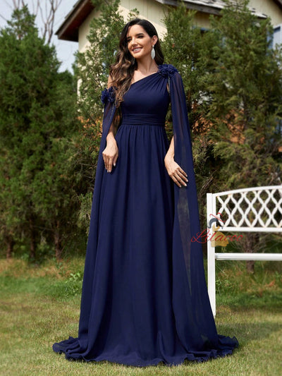 Dark Blue Chiffon One Shoulder Flower Prom Dress