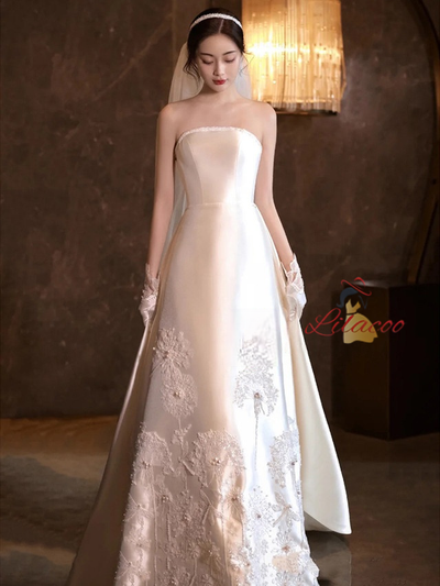 Ivory Satin Strapless Sequins Wedding Dress