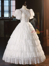 White Ball Gown Lace Short Sleeve Tiers Wedding Dress