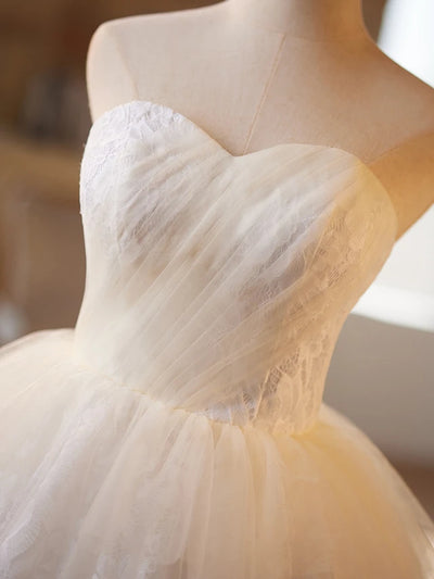 White Tulle Lace Strapless Pleats Homecoming Dress