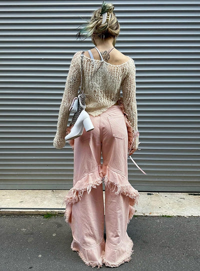 Irregular Fringed High Waist Straight Jeans