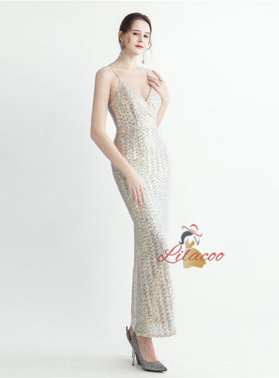 Spaghetti Straps Sequins Split Prom Dress