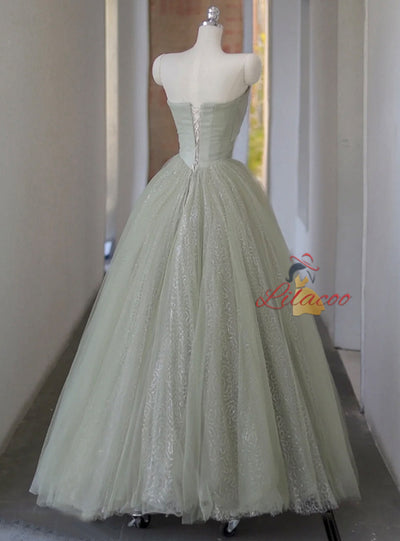 Green Tulle Sequins Strapless Appliques Prom Dress
