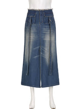 High Waist Split Pocket Denim Skirt