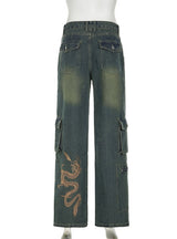 Retro Embroidered High Waist Zipper Pocket Jeans