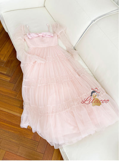 Pink Tulle Long Sleeve Pleats Pearls Prom Dress