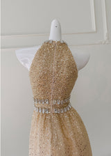 Champagne Sequins Halter Crystal Prom Dress