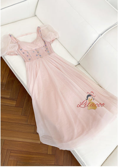 Pink Square Neck Gauze Bead Dress