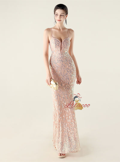 Spaghetti Straps Mermaid Sequins Beading Prom Dress