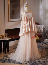 Champagne Tulle Backless Pleats Wedding Dress