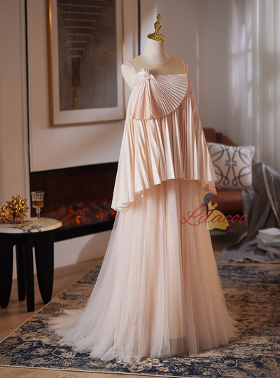 Champagne Tulle Backless Pleats Wedding Dress