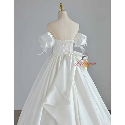 White Satin Strapless Bow Wedding Dress