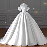 White Satin Pleats Beading Wedding Dress