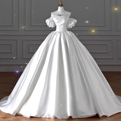 White Satin Pleats Beading Wedding Dress