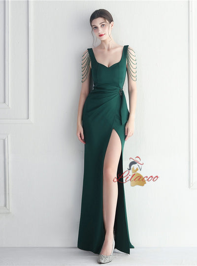 Straps Split Beading Prom Dress