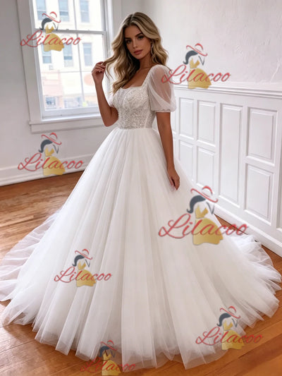 White Tulle Puff Sleeve Beading Wedding Dress