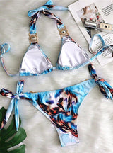 Printed Strap Crystal Diamond Low Waist Bikini