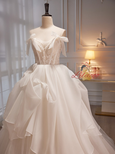 White Tulle Lace Straps Bow Wedding Dress