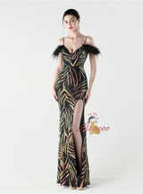 Memraid Sequins Spaghetti Straps Feather Split Prom Dress