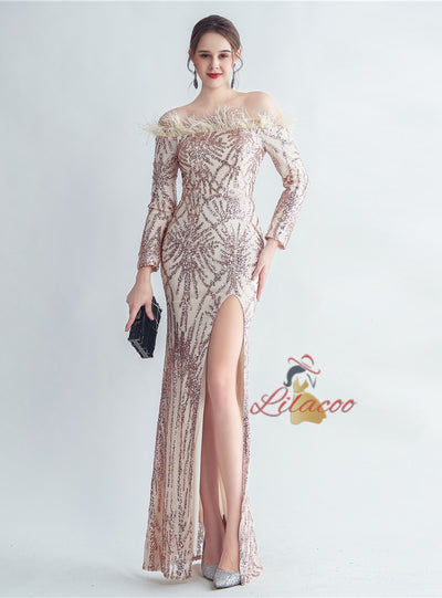 Long Sleeve Sequins Mermaid Prom Dress