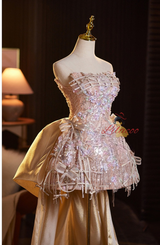 Champagne Sequins Strapless Beading Homecoming Dress