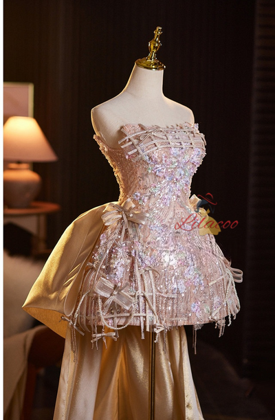 Champagne Sequins Strapless Beading Homecoming Dress