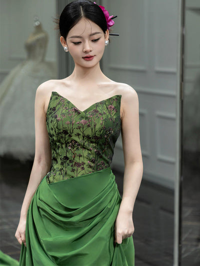 Green Print Strapless Pleats Prom Dress