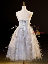 Gray Tulle Feather Beading Short Prom Dress