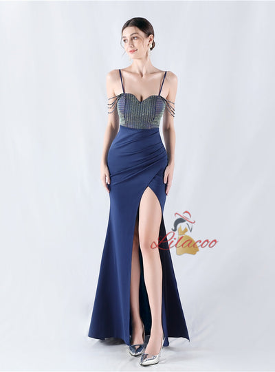 Mermaid Spaghetti Straps Beading Split Prom Dress