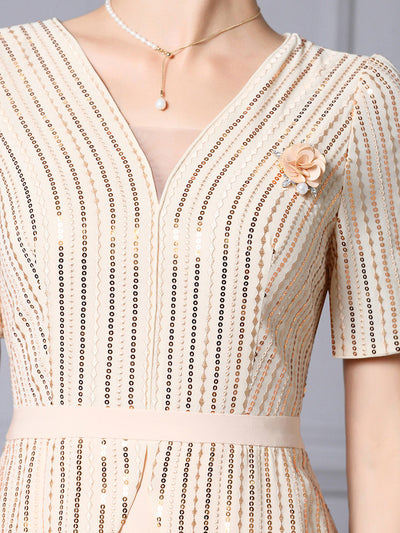 Apricot Short Sleeve Sequins Mother Of The Bride Dress