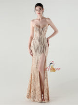 Mermaid Sequins Strapless Split Beading Prom Dress