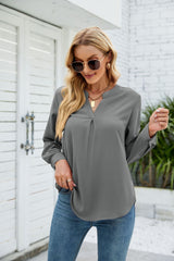 Solid Color Chiffon Loose V-neck Long Sleeve Shirt