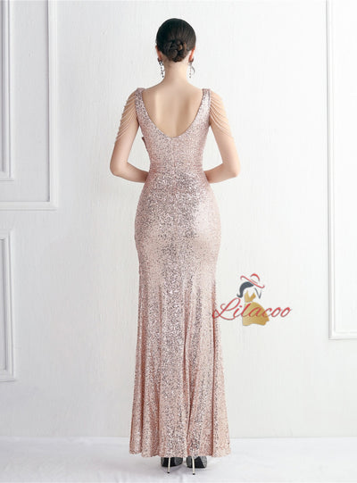 Sequins V-neck Beading Split Prom Dress