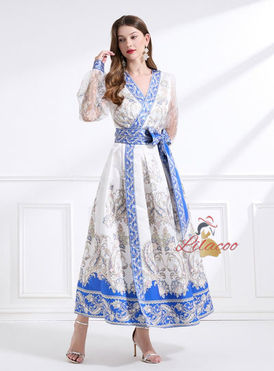 Retro Palace Printed Long Bubble Sleeve Dress