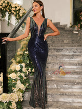Navy Blue Sequins V-neck Prom Dress