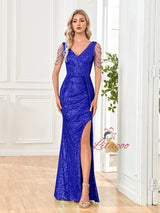 V-neck Sequined Slit Evening Dress