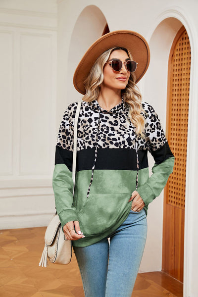 Leopard Print Contrast Stitching Pocket Long Sleeve Top