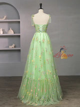Green Tulle Embroidery Pleats Prom Dress