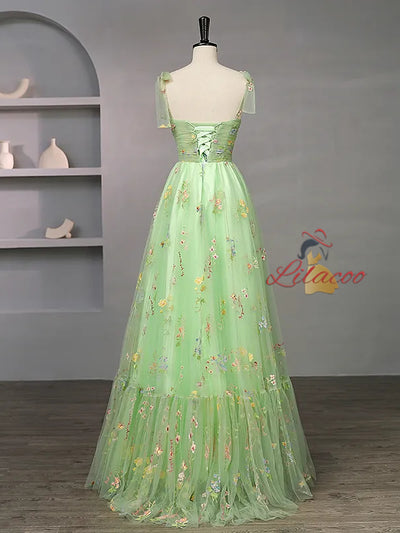 Green Tulle Embroidery Pleats Prom Dress