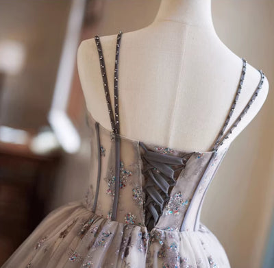 Gray Tulle Sequins Straps Homecoming Dress